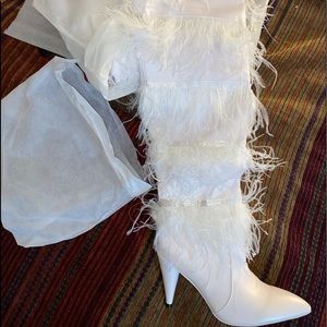 White Ostrich Feather over the knee boots